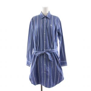 シャツワンピース ロング 長袖 ストライプ ポニー 刺繍 ベルト付き 2 ブルー /NQ