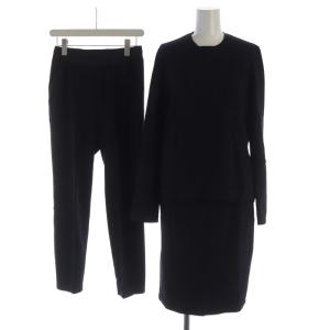 セットアップ 3点セット カットソー イージーパンツ タイトスカート ひざ丈 ストライプ 長袖 F 紺