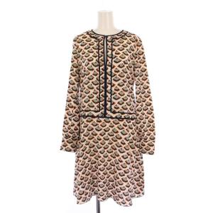 ワンピース ひざ丈 長袖 総柄 シルク 2 白 カーキ /BM