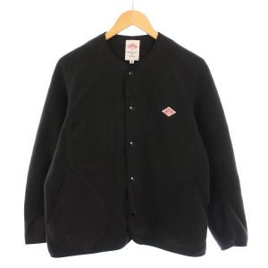 ノーカラーフリースカーディガン ジャケット アウター ショート丈 ロゴ ストレッチ 36 黒 ブラック