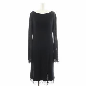 ニットワンピース リブ ロング丈 長袖 レース切替 絹 シルク 2 黒 ブラック 39032 /AN43