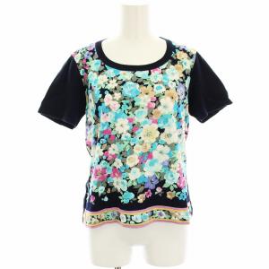 FASHION ニット カットソー 半袖 花柄 L 紺 ネイビー 水色 ライトブルー 0399111 /HN