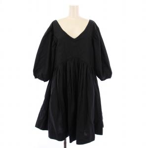 フレアワンピース ひざ丈 シャツ 七分袖 Vネック XS 黒 ブラック /BB
