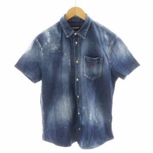 デニムシャツ 半袖 ダメージ加工 ペイント加工 44 青 ブルー S74DM0374 /AN26