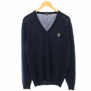 ニット セーター ウール ロゴ刺繍 Vネック 長袖 L 紺 ネイビー Z7176 /HN