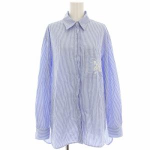 シャツ ブラウス ストライプ ロゴプリント 長袖 ビッグシルエット 44 白 ホワイト 水色 ライトブルー