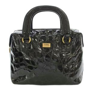 ハンドバッグ エナメル クロコ型押し 黒 ブラック /G