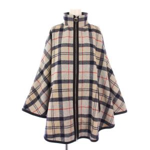 ポンチョ スタンドカラージャケット アウター ジップアップ チェック柄 ウール 38 紺 ネイビー グレー