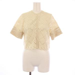 クロシェットレース コンパクトカーディガン 半袖 クルーネック ショート丈 編み込み 36 ライトベージュ