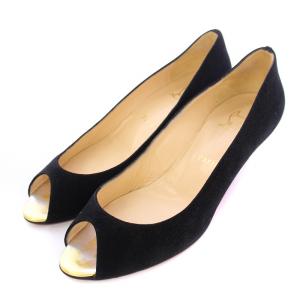 パンプス オープントゥ ラウンドトゥ ローヒール スエード 38.5 黒 ブラック /BB