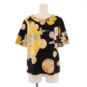 fashion カットソー 半袖 クルーネック ストレッチ 花柄 総柄 42 黒 ブラック 黄色 イエロー