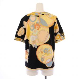 LEONARD fashion カットソー 半袖 クルーネック ストレッチ 花柄 総柄 42 黒 ブラック 黄色 イエロー