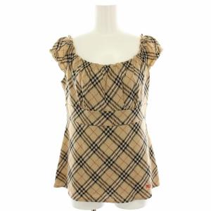 カットソー ノバチェック ウール フレンチスリーブ フリル 38 ベージュ 黒 ブラック FAF02-761-50