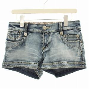 ショートパンツ デニム ジップフライ USED加工 裏地チェック 38 青 ブルー E1R33-171-24