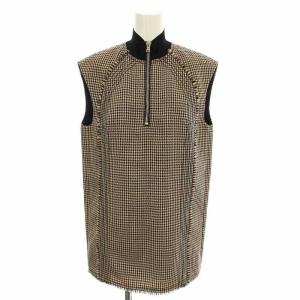 ハーフジップ ベスト 千鳥格子 ハイネック フリンジ ウール 2 茶 ベージュ /G