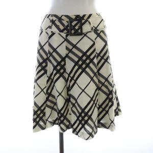 フレアスカート ひざ丈 チェック ベルト付き 36 アイボリー 黒 ブラック FX514-284-01