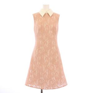 フレアワンピース ひざ丈 ノースリーブ レギュラーカラー レース 花柄 0 ピンク /BB