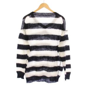 Grace Class モヘヤボーダーニットトップ 長袖 Vネック 編み込み ウール混 36 黒 ブラック 白 ホワイト 0222343215