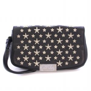 ポーチ 小物入れ コンパクト レザー スタッズ 切替 星柄 スター柄 ロゴプレート バイカラー 黒 ブラック