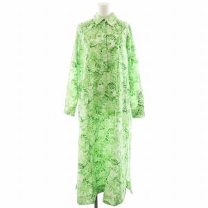 シャツワンピース ロング丈 花柄 コットン 32 ライトグリーン 白 ホワイト /AN34