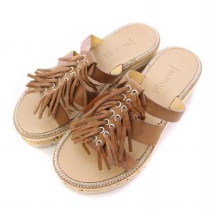 サンダル ラウンドトゥ 厚底 フリンジ レザー 37 茶 ブラウン /BB