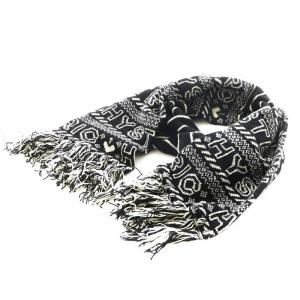 マフラー フリンジ ロゴ ウール 黒 ブラック 白 ホワイト /AN5