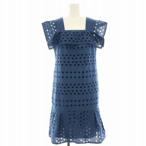 ワンピース スクエアネック カットワーク ひざ丈 ノースリーブ フリル 38 青 ブルー CZ1240910