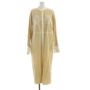 フレアワンピース マキシ ロング 刺繍 バンドカラー 長袖 38 ベージュ 白 ホワイト 12020321