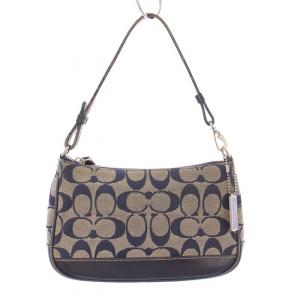 ハンドバッグ シグネチャー コンパクト キャンバス レザー 切替 ロゴチャーム バイカラー ベージュ 紺