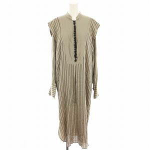 ワンピース ロング スタンドカラー 長袖 ストライプ柄 絹 シルク混 38 ベージュ ボルドー 12020319