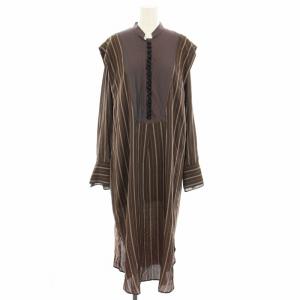 ワンピース ロング スタンドカラー 長袖 ストライプ柄 絹 シルク混 38 茶 ブラウン 12020319