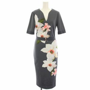 ワンピース タイト 花柄 ベルトデザイン バックジップアップ 半袖 ミモレ ロング 1 グレー 白 ホワイト