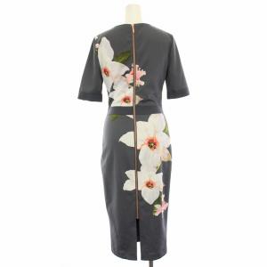 TED BAKER ワンピース タイト 花柄 ベルトデザイン バックジップアップ 半袖 ミモレ ロング 1 グレー 白 ホワイト