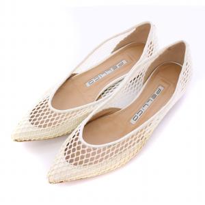 メッシュスケルトンフラットパンプス ポインテッドトゥ ローヒール ナイロン レザー 牛革 35 白 ホワイト