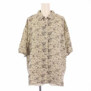 シャツ ブラウス 半袖 レギュラーカラー オープンカラー 総柄 麻 リネン グレージュ 黒 ブラック /BB