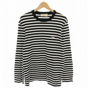 ロンT Tシャツ カットソー クルーネック 長袖 ボーダー柄 トリコロールロゴワッペン XL 黒 ブラック