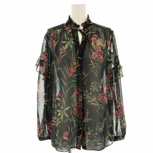 ボタニカルジョーゼットブラウス シャツ フリル シアー 花柄 長袖 リボン テールカット 36 黒 ブラック