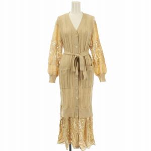 21SS ニット切替 ワンピース 03211-33061 ロング 花柄 レース 長袖 36 ベージュ /G