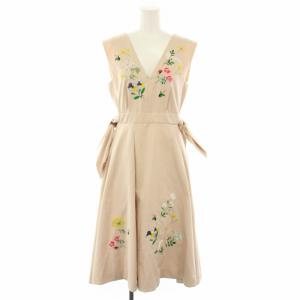 22SS サイドリボン刺繍ジャンパースカート ワンピース ロング ノースリーブ 花柄 0 ピンクベージュ