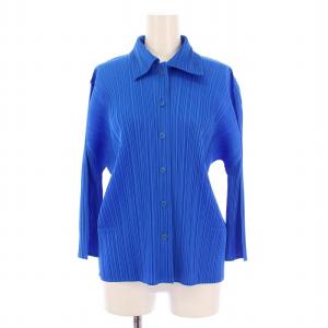 イッセイミヤケ シャツ ブラウス 長袖 レギュラーカラー ストレッチ 無地 3 青 ブルー /BB
