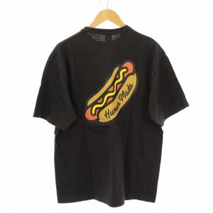 Tシャツ 半袖 クルーネック ロゴ ホットドッグ柄 イラスト XL 黒 ブラック /BB