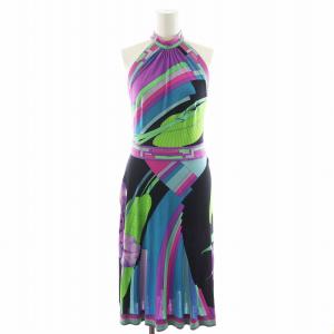 FASHION ワンピース ひざ丈 総柄 ホルターネック マルチカラー 黒 ブラック 紫 パープル 緑