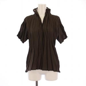 イッセイミヤケ シャツ ブラウス プルオーバー オープンカラー スタンドカラー 半袖 ストレッチ 3 茶