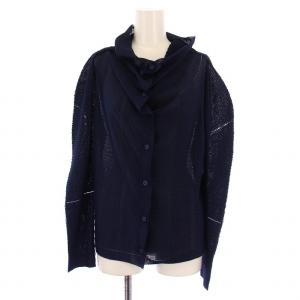カーディガン 長袖 ハイネック プリーツ ストレッチ F 紺 ネイビー /BB