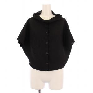 カーディガン ストレッチ ドルマンスリーブ 半袖 プリーツ ハイネック F 黒 ブラック /BB