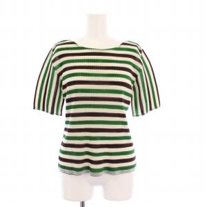 イッセイミヤケ プリーツカットソー 半袖 ボーダー 3 白 緑 茶 PP11FK343 /KH
