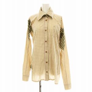シャツ 長袖 アシンメトリー デザイン チェック柄 オーヴ刺繍 3 黄 イエロー 紫 パープル 茶 ブラウン