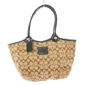 シグネチャー トートバッグ ハンドバッグ キャンバス レザー 切替 ロゴチャーム 総柄 ベージュ F14385