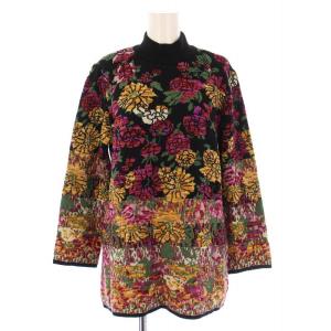 ニット セーター ハイネック 長袖 花柄 ウール混 M 黒 ブラック マルチカラー /BB