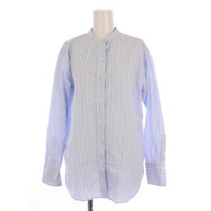 ストライプ ノーカラーシャツ ブラウス 長袖 38 水色 白 BL.23.SM.0309 /BM